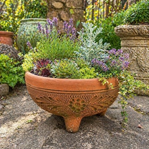 Vintage Terracotta Footed Planter Bowl | Rustic Garden Pot with Floral Relief | Heavy Outdoor Planter with Drainage Hole | Weathered Patina