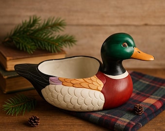 Vintage 1990 FTD Mallard Duck Ceramic Planter | Hand Painted Wildlife Bowl | Cottage Cabin Decor | Bird Lover Gift Made in Taiwan
