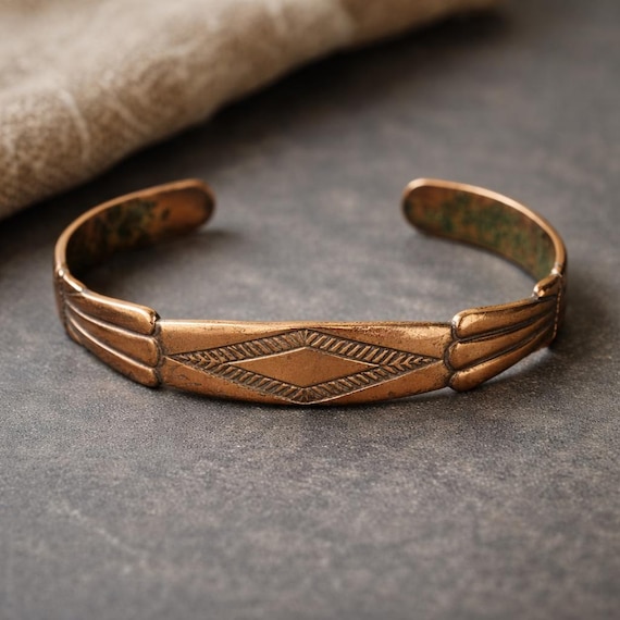 Vintage Solid Copper Cuff Bracelet | Etched Triba… - image 1