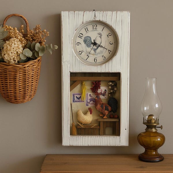 Rustic Rooster Farmhouse Wall Clock with Barnyard Scene
