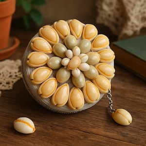 May include: A decorative round box adorned with a pattern of seashells in shades of cream, beige, and green. The box has a silver-colored chain and a seashell charm. The box is on a wooden surface.