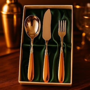 May include: A boxed set of gold-colored flatware, including a spoon, knife, and fork. The utensils have ornate detailing on the handles and are presented on a bed of green fabric inside a cream-colored box. The handles have a copper-colored finish.