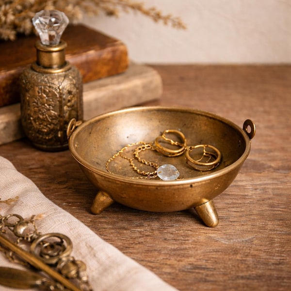 Vintage Brass Hanging Bowl Footed Dish Mini Planter Trinket Holder Rustic Boho Decor Small Cachepot
