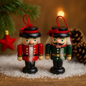 Vintage Mini Wooden Nutcracker Ornaments – Set of 2 Red & Green Soldiers – 3” Figures – Hand-Painted Holiday Decor – WhimsyEra