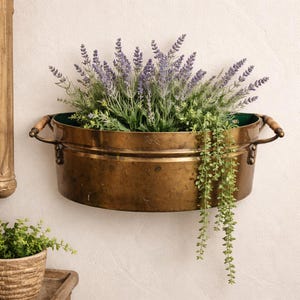 Vintage Brass Wall Bucket Planter with Wood Handles | Half-Round Hanging Cachepot | French Country Farmhouse Decor