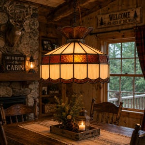 May include: A stained glass pendant light hangs above a wooden dining table. The light fixture has a cream-colored shade with red and brown accents. The room has a rustic cabin theme, with wooden walls and a "WELCOME TO OUR NECK OF THE WOODS" sign.
