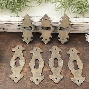 May include: A collection of seven antique brass keyhole covers and escutcheons. The keyhole covers are elongated with decorative edges and a central keyhole. The escutcheons have a similar design. The hardware is aged with a vintage aesthetic.