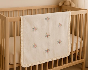 Vintage Chenille Baby Blanket – Hand Embroidered Floral, Satin Trim
