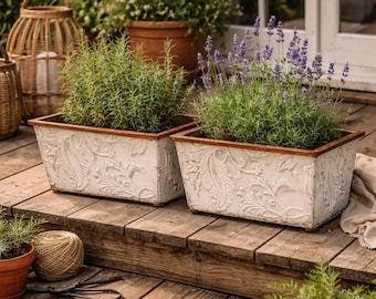 Vintage Metal Window Box Planters Set of 2, Rustic White Embossed Garden Planters French Country Farmhouse Herb Boxes Distressed Patio Decor