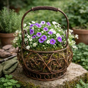 Rustic Wrought Iron Basket w Handle, Vintage Garden Planter Holder Farmhouse Scroll Metal Basket, Primitive Decor French Country Centerpiece