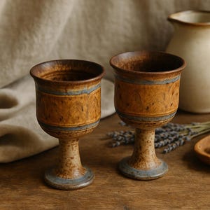 May include: Two handmade ceramic goblets with a rustic design. The goblets are brown with blue accents and a textured surface. The stemware is displayed on a wooden surface, with a neutral background.