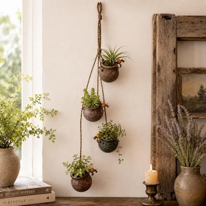 May include: A vertical hanging planter featuring four small, round, dark brown textured pots suspended by a thick, knotted brown rope. Each pot contains a different green plant, and small, round, light brown decorative beads accent the rope.