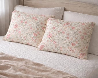 Vintage Floral Quilted Pillowcases Pair | Cottagecore Roses Cotton Pillow Shams | Farmhouse Bedding FG Home