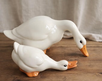 Vintage Ceramic Goose Figurines Pair Large & Small Grazing Geese Farmhouse Cottage Decor