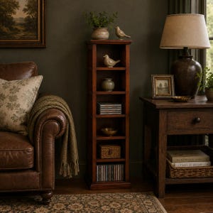 May include: A tall, narrow, dark wood shelving unit with six open tiers. The shelves hold various decorative items including two small bird figurines, a ceramic bowl, a stack of CDs, a small woven box, and a collection of books or media cases.