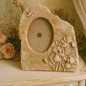 May include: A beige stone-like picture frame with an oval opening. The frame features carved iris flowers and a small insect. The frame is on a white table with ornate carvings, with a mirror and flowers in the background.