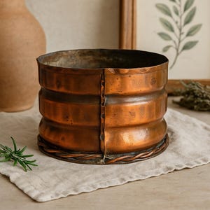 May include: A copper planter with a riveted seam and a woven base. The planter has three horizontal bands and a weathered patina. The background includes a neutral-colored linen cloth, a ceramic vase, and a framed botanical print.