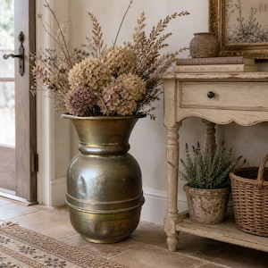 Vintage Solid Brass Umbrella Stand Vase, 12” Tall Heavy Brass Floor Vessel, Large Brass Planter Urn, Entryway Decor, Rustic French Country