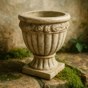 May include: A beige, classical-style urn with a wide, open top and a decorative, scrolled band around the rim. The urn has a fluted body and sits on a square base. The outdoor garden decor is made of a stone-like material.