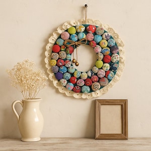 May include: A handmade wreath with a teal fabric base, adorned with colorful fabric-covered balls. The wreath is trimmed with a white lace border and a jute bow. A cream-colored vase with dried flowers and a wooden picture frame are also in the image.