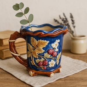 May include: A blue ceramic mug with a decorative design of strawberries and leaves. The mug has a brown handle and base, and a wavy rim. A sprig of greenery is placed inside the mug. The mug is sitting on a beige linen cloth.