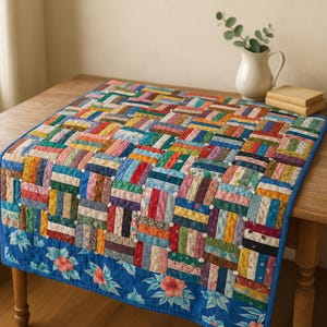 May include: A colorful patchwork quilt with a blue floral border. The quilt features a variety of fabric strips in shades of red, blue, green, yellow, and orange. The quilt is displayed on a wooden table, with a white pitcher and books in the background.