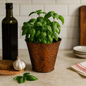 May include: A copper-colored, hammered metal planter filled with vibrant green basil. The planter has a riveted design and sits on a kitchen countertop. A dark glass bottle, garlic, and other kitchen items are in the background.