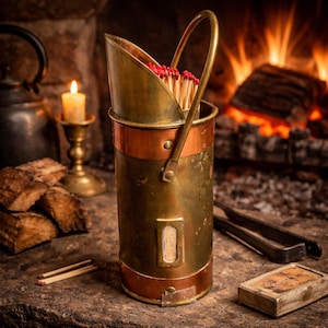 May include: A vintage brass and copper match holder with a handle, filled with red-tipped matches. The holder is cylindrical with a copper band and sits on a stone surface. A box of matches and fireplace tools are nearby, with a lit fireplace in the background.