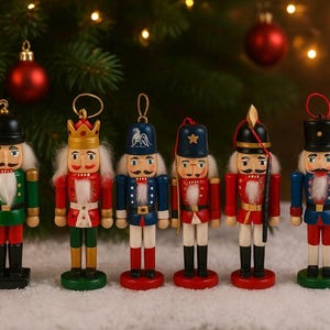 May include: A collection of six wooden nutcrackers in various uniforms, standing on a snowy surface. The nutcrackers are painted in red, green, blue, and black, with gold accents and white beards. They are ornaments, with a Christmas tree and red ornaments in the background.