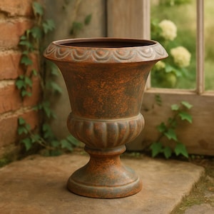 May include: A weathered, urn-shaped planter with a wide, scalloped rim. The outdoor container has a pedestal base and a bulbous midsection. The planter's finish is a mottled blend of brown, orange, and green, suggesting an aged, antique appearance.