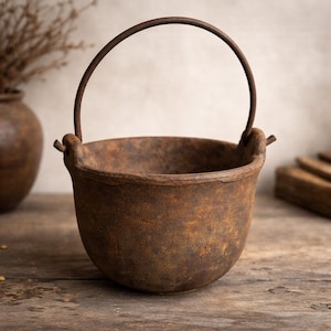 May include: A rustic, antique-style cast iron cauldron with a curved handle. The cauldron has a rounded body and a weathered, brown finish, suggesting age and use. It sits on a wooden surface, evoking a vintage aesthetic.