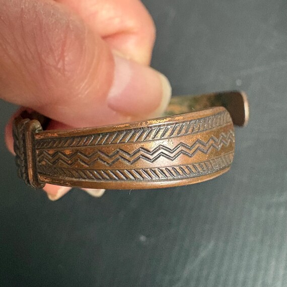 Vintage Solid Copper Cuff Bracelet | Etched Triba… - image 3