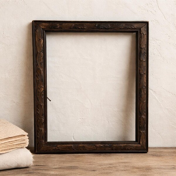 Antique Carved Wood Picture Frame | Primitive Folk Art Style | Dark Rustic Finish | 10” x 8” Opening | Early American Décor