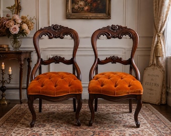 Vintage French Parlor Chairs Pair | Burnt Orange Tufted Velvet | Carved Balloon Back Accent Chairs