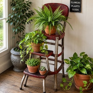May include: A vintage red and silver metal step stool holding four terracotta pots with a fern, a pothos, a small leafy plant, and a succulent. A large potted tree stands to the left, a pothos sits on the floor, and a sign reads FLOWERS PLANTS SEEDS.