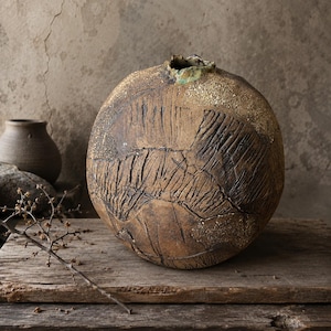 Large Signed LH Studio Pottery Vessel, Sculptural Stoneware Art Vase, Organic Modern Ceramic Decor, Wabi Sabi Textured Pottery