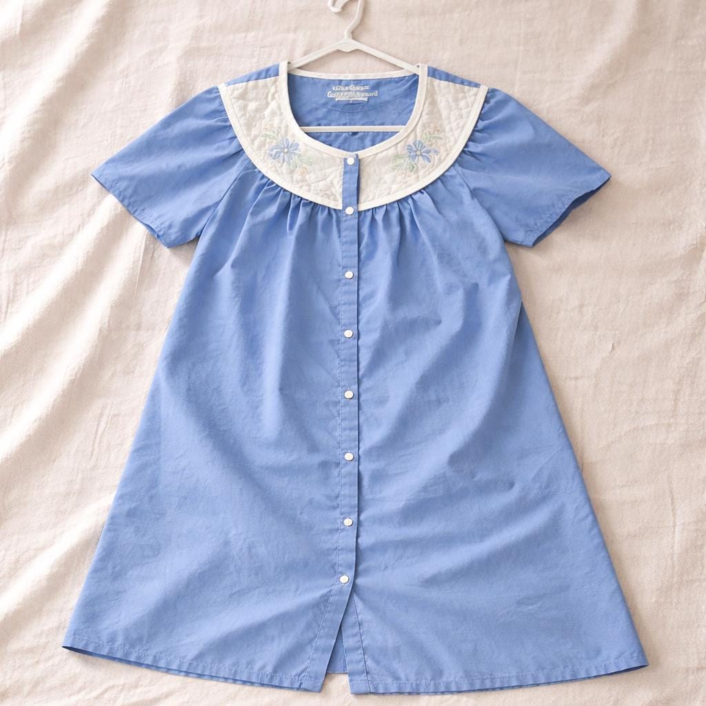 Vintage Celestial Dreams Blue Cotton Nightgown 1970s Embroidered House Dress Button Front Short Sleeve Sleepwear M-L