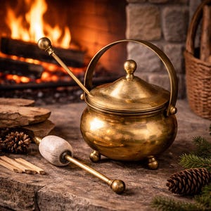 May include: A vintage brass pot with a lid and handle, resting on a stone surface. A matching brass stirring spoon and a stone-handled stirrer are next to the pot. The background features a fireplace with a burning fire, a basket, and pinecones.