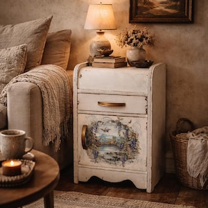 May include: A distressed white bedside table with a drawer and a cabinet door. The cabinet door features a painted landscape scene with a bird and floral elements. The table has a gold-toned handle and a matching knob. A lamp, books, and a vase of dried flowers sit on top.