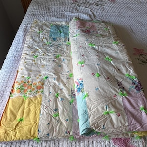 Vintage Patchwork Quilt – 74” x 108” – Pastel Floral Blocks with Green Yarn Ties – Handmade Cottagecore Bedding