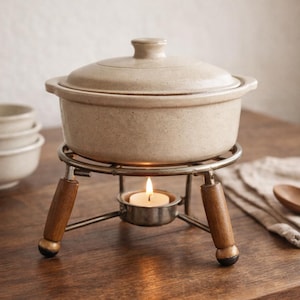 May include: A beige ceramic fondue pot with a matching lid sits on a metal stand with wooden handles. A lit candle is beneath the pot, providing heat. The pot is on a wooden table, with a stack of bowls in the background.
