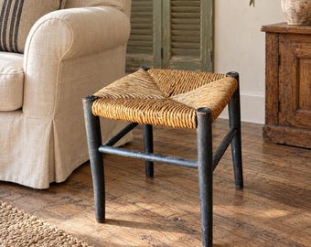 Small Rush Seat Stool, Black Wood Footstool, Woven Seat, French Country Cottage Farmhouse Accent