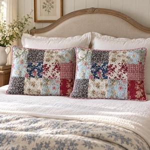 May include: Two rectangular quilted pillow shams featuring a patchwork design of various floral and geometric patterns in shades of red, blue, cream, and brown. The shams have a red and white checkered border and a stitched texture.