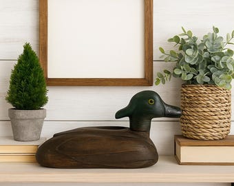 May include: A wooden duck-shaped planter with a dark green head and a brown body. A small potted evergreen tree and a woven basket with greenery sit on a shelf, along with a framed picture.