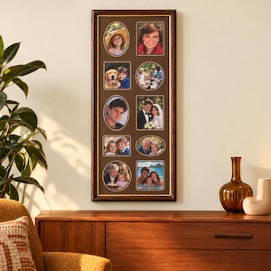 May include: A vertical rectangular dark wood collage picture frame with a brown mat board. The frame contains ten individual photo openings in various shapes, including ovals, circles, and squares, displaying various family photographs.