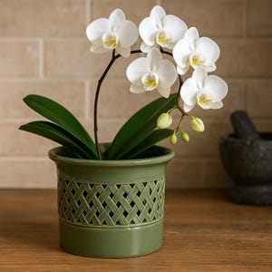 May include: A potted orchid with white flowers and yellow centers. The plant is in a green ceramic pot with a woven design. The background includes a brick wall and a wooden surface.