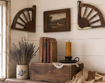 Vintage Primitive Wooden Corner Brackets Pair Architectural Salvage Folk Art Spindle Trim Rustic Farmhouse Wall Decor Country Cottage Accent