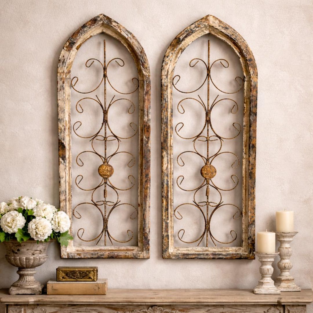 Pair of Vintage Rustic Arched Wood & Iron Wall Panels | Distressed ...