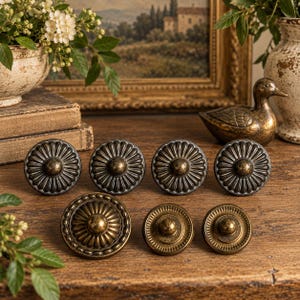 Set of 7 Mixed Style Vintage Drawer Knobs, Ornate Rosette Furniture Hardware, Aged Brass Tone Cabinet Pulls, French Country Dresser Knobs