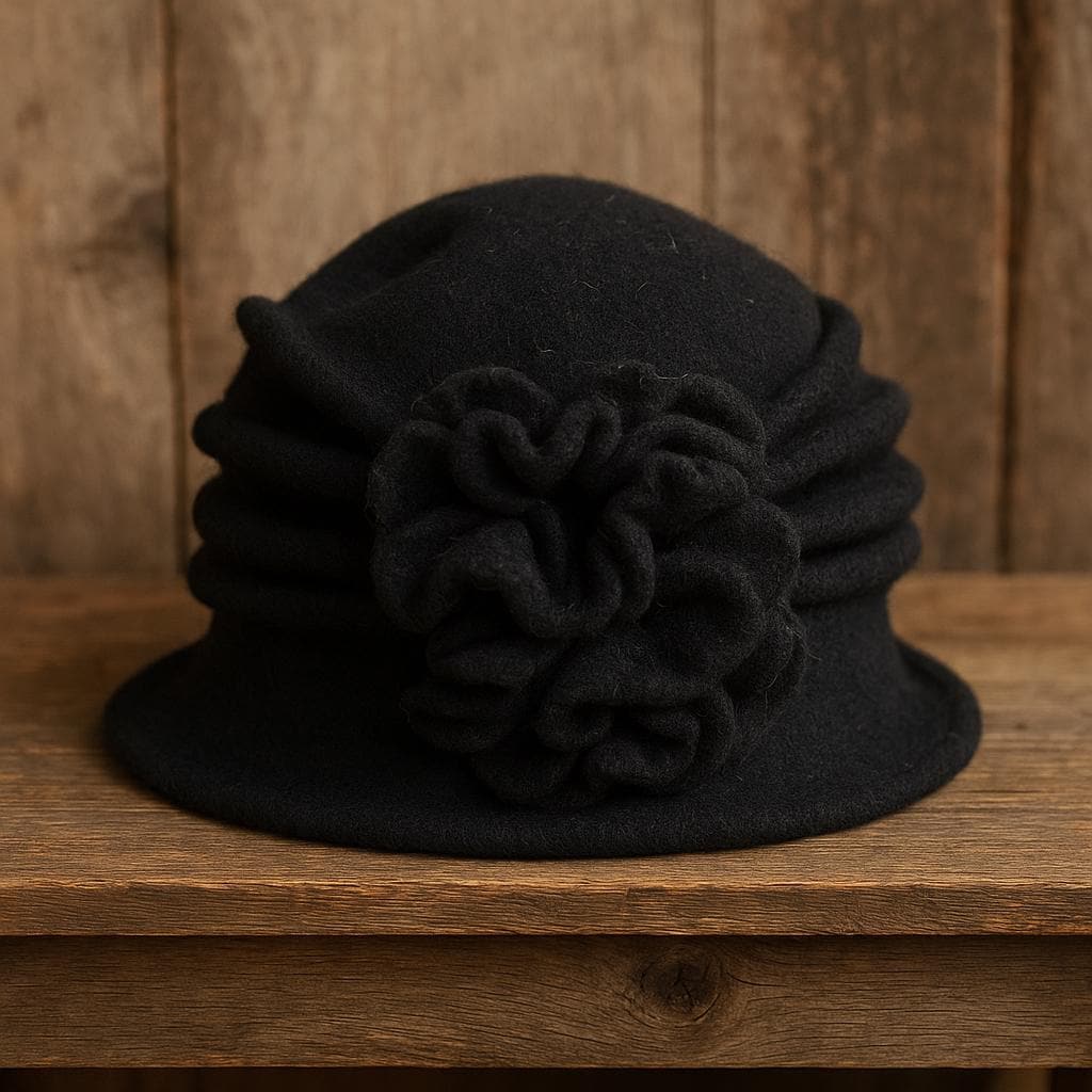 Y2K Scala Black Wool Cloche Hat – Handmade Felt Flower 